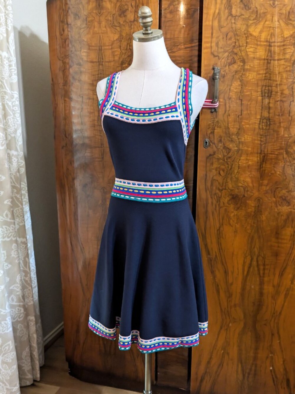 Milly New York Multicolor Trim Skater Dress M Blue Retro Y2K Whimsigoth - Picture 3 of 7